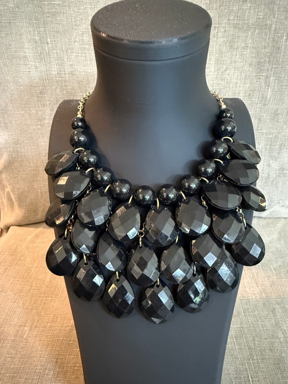 Statement Black Multi-Bead Faceted Bib Necklace GoldTone Chain 16–18” Adjustable